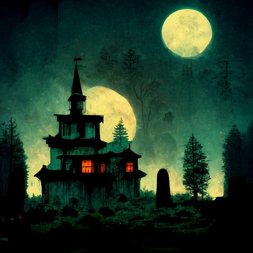 haunted house with graveyard in front, jack o latern, volumetric lighting, cartoon style, pine trees in background, full moon