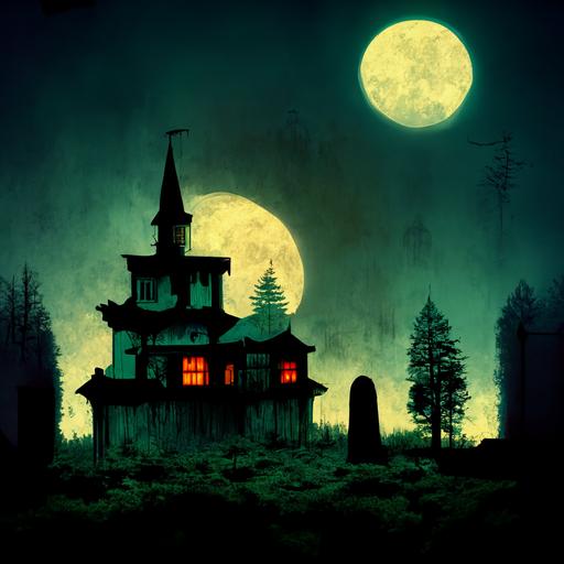 haunted house with graveyard in front, jack o latern, volumetric lighting, cartoon style, pine trees in background, full moon