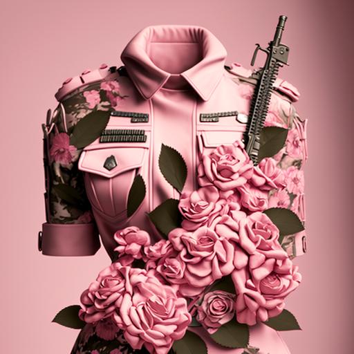 haute couture, clothing collection, pink camouflage and shot gun flower --v 4