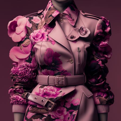 haute couture, clothing collection, pink camouflage and shot gun flower --v 4