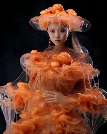 haute couture worn by Vietnamese model Drosera molecular gastronomy dessert gown --ar 8:10
