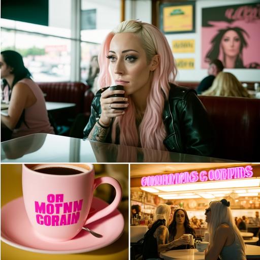 having coffee at a diner during the morning with jenna marbles, lady gaga, liz phair and grimes, greyhound dogs on lap, laughing, giant flowers on table, cell phones, waitresses are robots, pink neon signs, menu board in the background with pink lettering, pink coffee cups on the tables, sunshine coming through windows, 70's movie style, 35mm kodachrome film quality, realistic, hyper-realistic, photorealistic, Studio Lighting, reflections, dynamic pose, Cinematic, Chromatic Color Grading, Photography, Ultra-Wide Angle, Depth of Field, hyper-detailed, kodachrome film