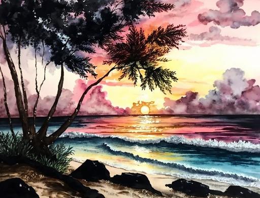 hawaii beach sunset watercolor painting by jody iwanaga, in the style of pink and black, colorful dreams, photorealistic pastiche, alma woodsey thomas, mixed media marvels, bob ross, watercolor --ar 4:3 --seed 2222 --no signature or writing or picture frame --s 250