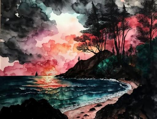 hawaii beach sunset watercolor painting by jody iwanaga, in the style of pink and black, colorful dreams, photorealistic pastiche, alma woodsey thomas, mixed media marvels, bob ross, watercolor --ar 4:3 --seed 2222 --no signature or writing or picture frame --s 250