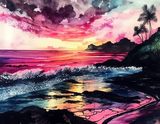 hawaii beach sunset watercolor painting by jody iwanaga, in the style of pink and black, colorful dreams, photorealistic pastiche, alma woodsey thomas, mixed media marvels, bob ross, watercolor --ar 4:3 --seed 2222 --no signature or writing or picture frame --s 250