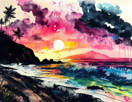 hawaii beach sunset watercolor painting by jody iwanaga, in the style of pink and black, colorful dreams, photorealistic pastiche, alma woodsey thomas, mixed media marvels, bob ross, watercolor --ar 4:3 --seed 2222 --no signature or writing or picture frame --s 250