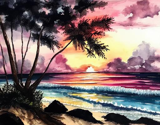 hawaii beach sunset watercolor painting by jody iwanaga, in the style of pink and black, colorful dreams, photorealistic pastiche, alma woodsey thomas, mixed media marvels, bob ross, watercolor --ar 4:3 --seed 2222 --no signature or writing or picture frame --s 250