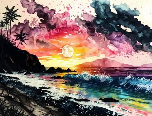 hawaii beach sunset watercolor painting by jody iwanaga, in the style of pink and black, colorful dreams, photorealistic pastiche, alma woodsey thomas, mixed media marvels, bob ross, watercolor --ar 4:3 --seed 2222 --no signature or writing or picture frame --s 250