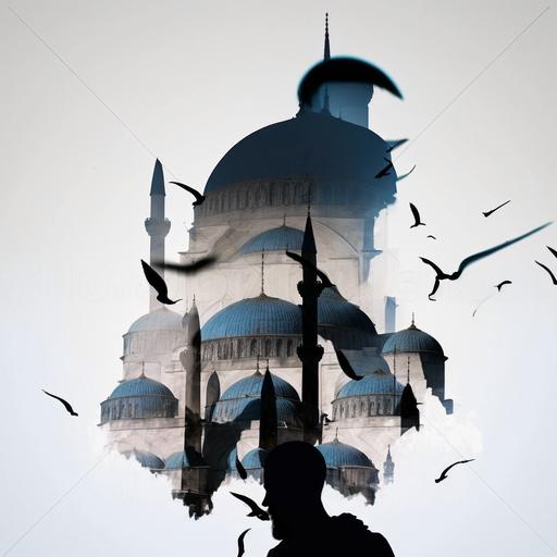 hawk silhouette , double exposure, hawk , blue mosque , 16k , 3d , hd , octane render , DSLR --v 4 --v 4