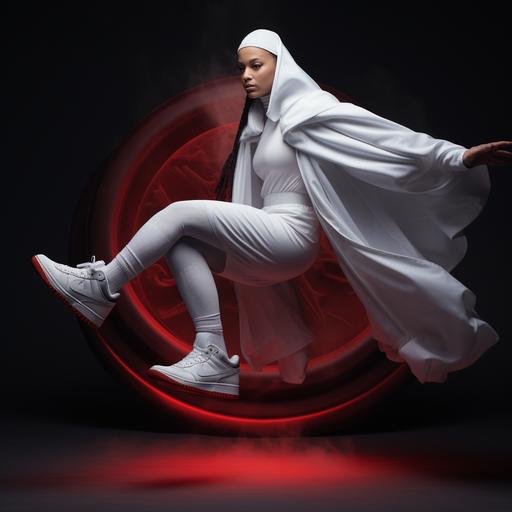 a product shot 85mm lens for a Nike ad of a nun wearing all white wearing black and red Air Jordan high top shoes.