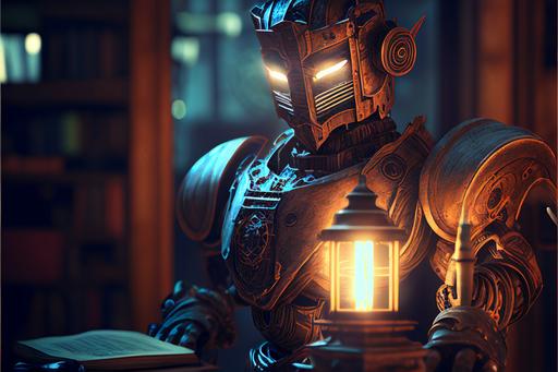 hd 8k graphic art environment highly detailed robot holding an old lantern casting a large aura on a printing press in a library --ar 3:2