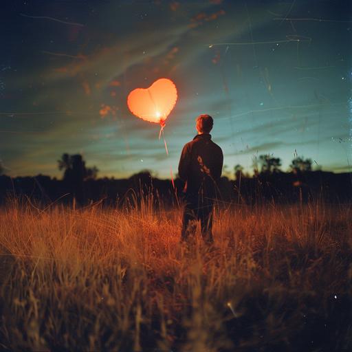 a rugged clean man holding a heart shaped balloon in a field at night. It should be photorealistic flash photography, with realistic motion blur, moody, shot on 35mm ektar film, professional cinematography and lightying, and feel nastalgic, indie, and folky. --v 6.0 --ar 1:1