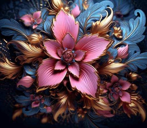 hd blue flower wallpaper screenshot 2580 by uyl, in the style of dark gold and pink, whimsical and fantastical elements, hyper-realistic details, intricate illustrations, colorful whimsy, intricately sculpted, embroidery art --ar 2000:1763
