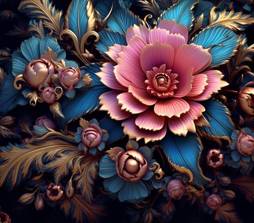 hd blue flower wallpaper screenshot 2580 by uyl, in the style of dark gold and pink, whimsical and fantastical elements, hyper-realistic details, intricate illustrations, colorful whimsy, intricately sculpted, embroidery art --ar 2000:1763