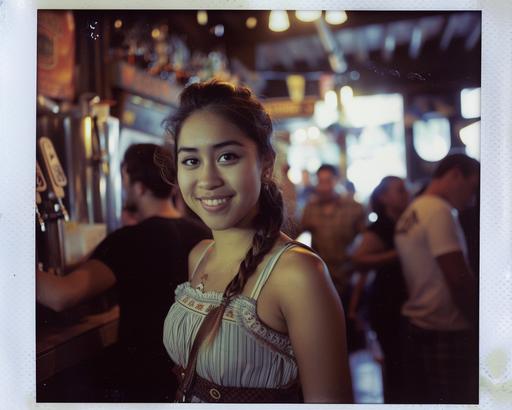 Deep Focus candid polaroid photograph of an average looking thin Thai African woman with thick eyebrows serving beer during Oktoberfest at a crowded dirty local bar, genuinely happy, short well groomed hair, wearing an dirndl, location in a bar in downtown Albany NY, flirty smiling at the camera, light coming from overhead lights, heavy grain on film, no bokeh, Polaroid border, --style raw --v 6.0 --chaos 10 --s 50 --ar 5:4