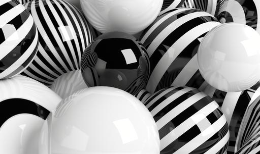 illustration for the cosmetic brand Sephora, black and white abstract spheres, white 3D beauty and cosmetic products, in the style of daz3d, striped, david wojnarowicz, piles/stacks, digitally enhanced, bess hamiti, victor moscoso --ar 32:19 --v 6.0
