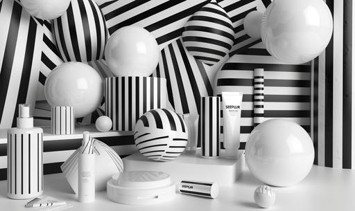 illustration for the cosmetic brand Sephora, black and white abstract spheres, white 3D beauty and cosmetic products, in the style of daz3d, striped, david wojnarowicz, piles/stacks, digitally enhanced, bess hamiti, victor moscoso --ar 32:19 --v 6.0