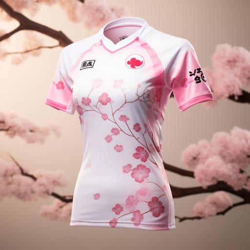 he Nadeshiko Japan football team's logo captures the essence of their playing style and cultural identity with elegance and simplicity. A radiant rising sun forms the backdrop, symbolizing the team's unwavering determination and pursuit of greatness. Delicate sakura blossoms grace the foreground, representing both the team's beauty and strength, while subtly embracing their Japanese heritage. In the center, a skilled player silhouette elegantly maneuvers a football, embodying the team's technical prowess and finesse on the pitch. The incorporation of Japanese calligraphy strokes adds an artistic touch, further emphasizing their connection to tradition. With a fusion of colors reflecting the team's official palette, the logo stands as a powerful representation of Nadeshiko Japan's unity, skill, and triumphant spirit on their football journey. Create a joursey usign this logo