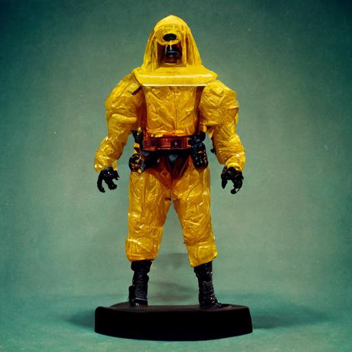 he-man action figure, bright all-yellow hazmat suit, black gas mask, plastic, full body, standing on table