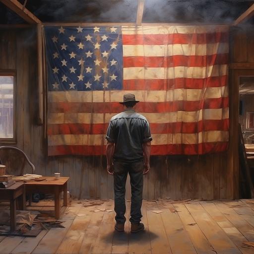 he stands facing the rustic american flag