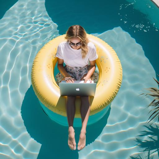 A woman sitting in the small swimming ring, hand hold laptop, swimming pool, top view, real image, happy