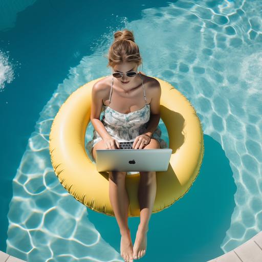 A woman sitting in the small swimming ring, hand hold laptop, swimming pool, top view, real image, happy