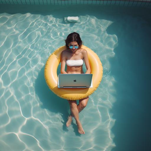A woman sitting in the small swimming ring, hand hold laptop, swimming pool, top view, real image