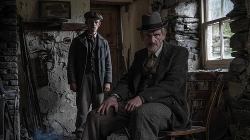 head height angle, strong older strong Irish man sitting on a wooden chair, leering, hands on knees, late 60s, Irish famine era, wearing suit and top hat, a younger man in his 20s standing behind the chair, strong looking, both looking right at the camera, in an old Irish stone cottage, naturally lit from small cottage windows, Smokey fire lit room, dirt floor, realistic, cinematic, --ar 16:9