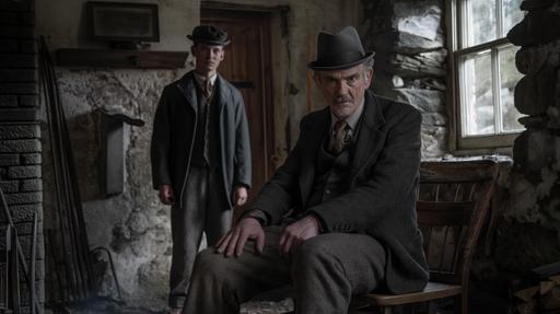 head height angle, strong older strong Irish man sitting on a wooden chair, leering, hands on knees, late 60s, Irish famine era, wearing suit and top hat, a younger man in his 20s standing behind the chair, strong looking, both looking right at the camera, in an old Irish stone cottage, naturally lit from small cottage windows, Smokey fire lit room, dirt floor, realistic, cinematic, --ar 16:9 --v 6.0