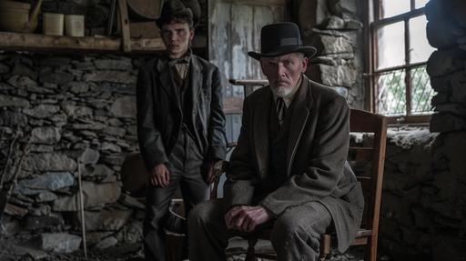head height angle, strong older strong Irish man sitting on a wooden chair, leering, hands on knees, late 60s, Irish famine era, wearing suit and top hat, a younger man in his 20s standing behind the chair, strong looking, both looking right at the camera, in an old Irish stone cottage, naturally lit from small cottage windows, Smokey fire lit room, dirt floor, realistic, cinematic, --ar 16:9
