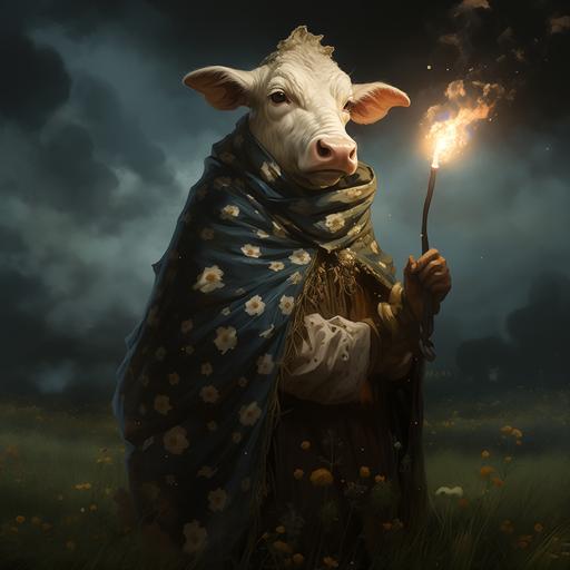 head to toe spotted cow sorcerer character in a field in the style of Rembrandt illuminated