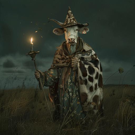 head to toe spotted cow sorcerer character in a field in the style of Rembrandt illuminated