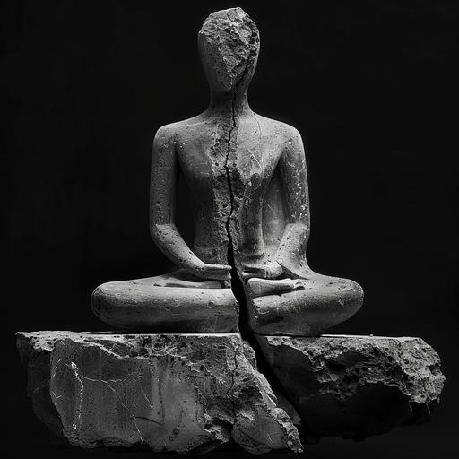 headless figure of Buddha seated in lotus position,very old sculpture carved from roughly hewn stone, stone with erosion marks, noir, minimalism,black background, synthwave ambrotype, --v 6.0 --s 750 --style raw