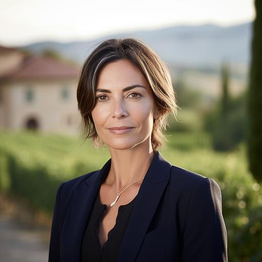 headshot of an elegant 40 years old woman testimonial with confident face wearing professional clothes. On the background a tuscany villa with vineyard