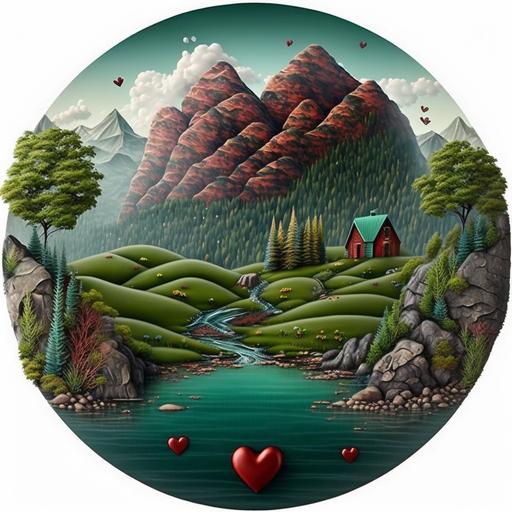 cartoon heart, circle image, red cute heart, green trees, mountains, small lake with stones