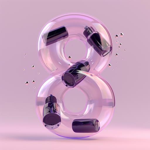 the number 8, voluminous, transparent, like a soap bubble. stands in the center semi-sideways on a soft lavender background. the background is futuristic and minimalistic. black bottles of nail polish are flying inside the number 8