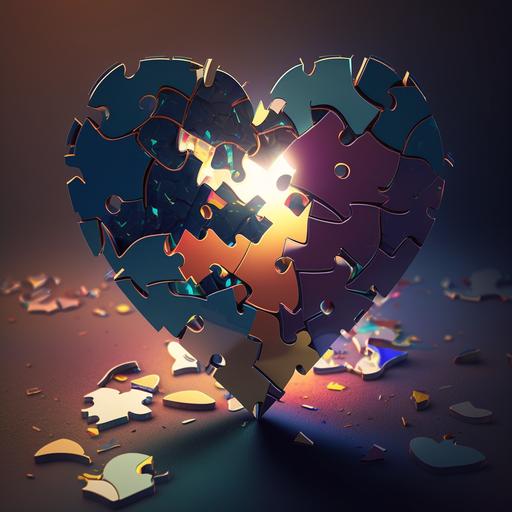 heart made of puzzle pieces broken with light shining through