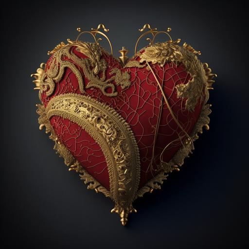 heart made of red fabric, velvet, torn and sewn up with thin gold metal thread