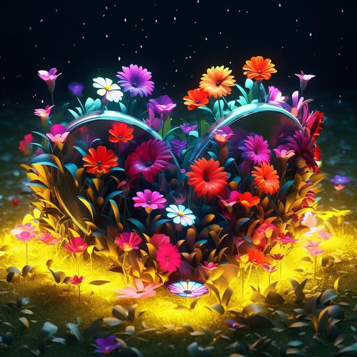 heart shaped flower bed, with multicolored floweres in them, with neon peddles and low light background.