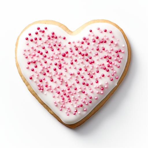 heart shaped sugar cookie with meticulous white icing and hot pink and light pink tiny nonpariel sprinkles on the icing, on white background, no shadow, photograph v 6.0