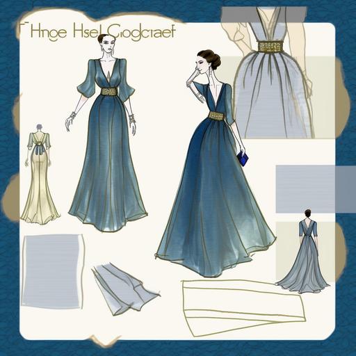 heartcore fashion croquis: long flowing dress, fitted bodice, full skirt, deep V-neck, flared sleeves, decorative belt, sweeping train, high-heeled shoes, simple clutch purse, sophisticated, elegant, stylish, silk material, satin texture, floral pattern, clutch - metallic, rectangular shape, clasp closure, evening gloves - elbow length, matching satin material. elegant valentines day day dress --v 4