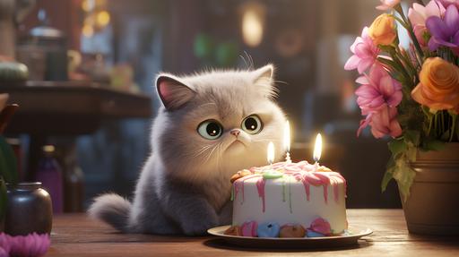 heartwarming flower shop chibi pixar style adorable pouting fluffy fat grey grumpy cat with birthday cake exxcited --ar 16:9