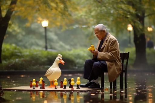 heartwarming movie scene, an old man playing chess in Central Park with a trendy rubber duck, cinematic, early morning, slight rain --ar 3:2