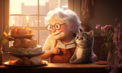 heartwarming scene with a cute little old lady holding a tall sponge cake lots of layers very proud with her large fat tabby grey cat kitchen window flowers pretty pixar style --ar 15:9