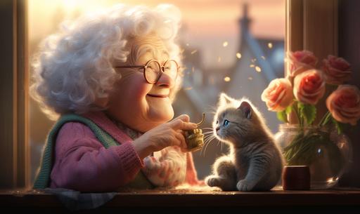 heartwarming scene with a cute little old lady holding a tall sponge cake lots of layers very proud with her large fat tabby grey cat kitchen window flowers pretty pixar style --ar 15:9