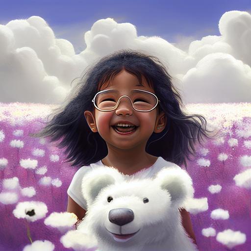 heavenly futuristic hyperrealistic wet painting blender uptopian world with lilac flowers field and cotton clouds where a happy indian brown girl child with missing tooth smiling with straight hair and with bangs wearing specs playing with polar bears