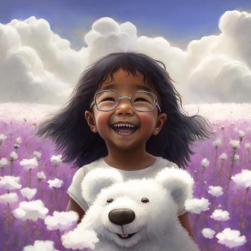 heavenly futuristic hyperrealistic wet painting blender uptopian world with lilac flowers field and cotton clouds where a happy indian brown girl child with missing tooth smiling with straight hair and with bangs wearing specs playing with polar bears