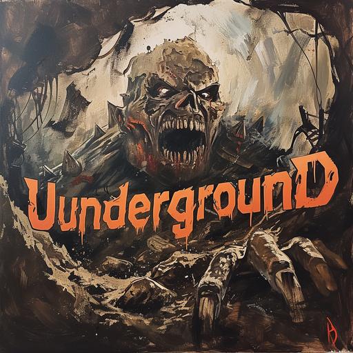 heavy metal album cover, oil painted cover depicting a undead monster breaking through the earth from below, written in heavy metal font is the word text 