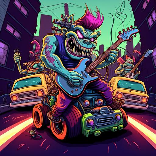 heavy metal cartoon monsters playing electric guitar in a hotrod, colorful