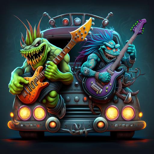heavy metal cartoon monsters playing electric guitar in a hotrod, colorful, realistic
